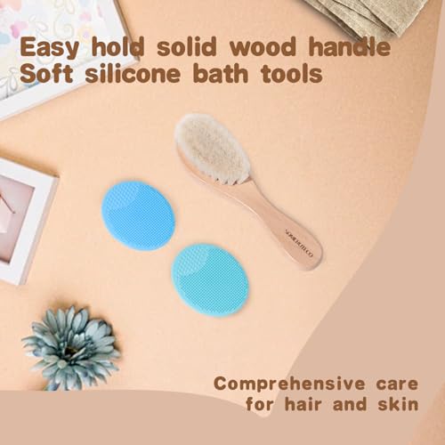 SAMEBUTECO Baby Hair Brush Set,3 in1 Kit,1 Pack Goat Hair Bristles Brush 2 Pieces Silicone Cradle Cap Brushes Wood Handle Newborn Brush for Newborns and Toddlers