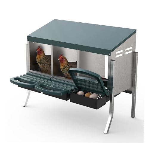 Metal Chicken Nesting Box with Easy-Collect Tray & Lid – 3/4/2x2 Compartment Heavy Duty Roll Away Nesting Boxes for Chickens, Wall Mount or Freestanding, Galvanized Steel Hen Laying Box for Coop