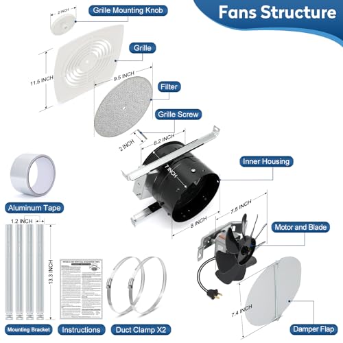 505 8 Inch 200 CFM Bathroom Exhaust Fan Ceiling Exhaust Fan | Vertical Discharge Kitchen Exhaust Fan, Bathroom Vent Fan for Attic Garage Laundry Room Home Ventilation