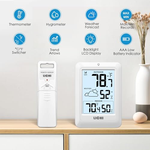 Indoor Outdoor Thermometer Wireless Weather Station, Internal External Thermometer Hygrometer, Home Batteryoperated Temperature Humiditymonitors330 Feet (About 100 Meters) Backlight Display (White) - color: White