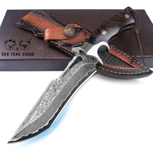 Damascus Hunting Knife 10.4" Fixed Blade VG10 Leather Sheath | 513-layer hand-forged bowie construction with ergonomic rosewood handle for outdoor camping and survival - style: Damascus Steel-2