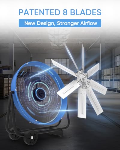KEN BROWN 24 Inch Industrial Drum Fan, High Velocity Floor Shop Fan, Heavy Duty, 9500 CFM, 8 Blades, 3 Speeds, 360 Degree Tilt, Ideal for Industrial, Commercial, Gym, Garage Use, Blue - size: 24 inch