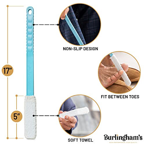 Burlingham's Toe and Foot Towel Brush with Reusable Drying Covers Long 17” Handle for Cleaning Between Toes, Soft Skin Exfoliation,for Seniors, Adults, or Kids, 5 Washable Cloth (Aqua Blue) - color: Aqua Blue