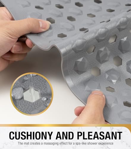 HITSLAM Non Slip Shower Mat, Square Bathtub Mat, 24x24 Inch, Grey | Diamond Textured PVC Bath Mat With Suction Cups, Shower Stall Mat with Center Drain Hole, Strong Grip, Machine Washable - color: Grey