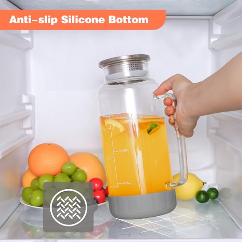 Aofmee 68oz Glass Pitcher with Lid and Handle for Fridge, Grey Silicone | Iced Tea Pitcher for Fridge, Borosilicate Glass Carafe, Sun Tea Jar, Dual Pour Stainless Lid, Dishwasher Safe - color: Grey Silicone