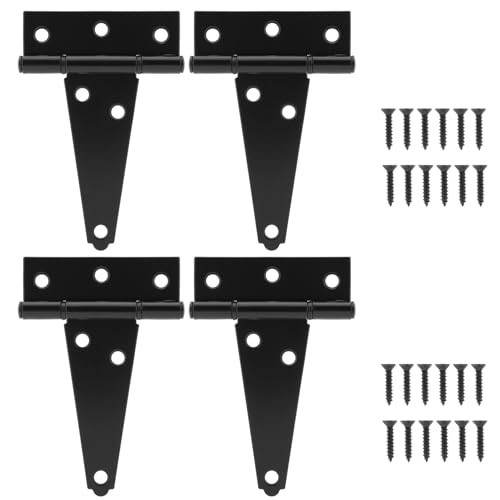 HILLMASTER 4 Inch T-Strap Hinges Shed Window Door Hinges Gate Strap Hinges Heavy Duty Black Tee Hinge Wrought Gate Hardware Post Small T Hinges for Wooden Fences,Shutter,Yard,Barn Door,Outdoor(4 Pack) - size: 4in 4Pack