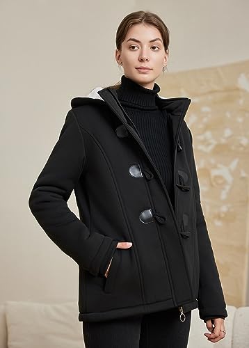 JiangWu Womens Fashion Horn Button Fleece Thicken Coat with Hood Winter Warm Jacket - color: B-thicken-black, size: Small