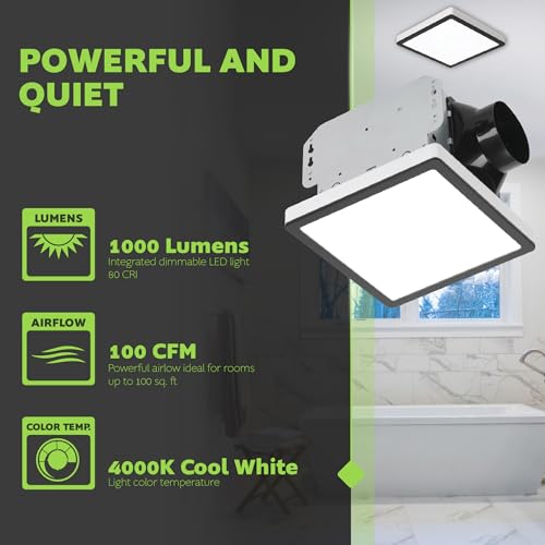 Homewerks 100 CFM Bathroom Exhaust Fan with LED, Matte Black Trim | 2.0 Sones, for Rooms Up to 100 sq ft, Magnetic Trim, Galvanized Steel Housing, EasyAnchor Install, Bathroom Fan with Light - color: 100 CFM Brushed Matte Black Square