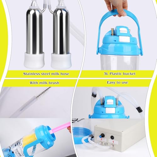 3l Electric Milking Machine for Cow| Pulsation Vacuum Pump| Save Labor | Portable Milker Machine Automatic Plug-in Speed Adjustable Milking Supplies with Milk Bucket, Tube, Brush for Farm Pasture
