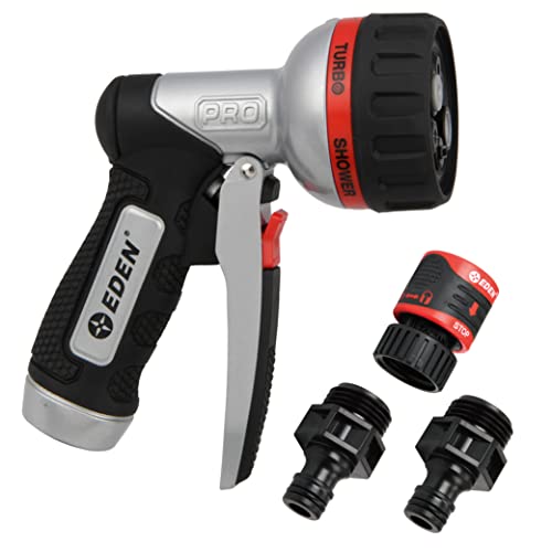 Eden PRO 94833 Metal Front Trigger 6-Pattern Turbo Nozzle | Heavy-Duty Hose Sprayer for Garden, Lawn, Plants, Outdoor Cleaning, Durable Aluminum Core, Quick Connect Set Bundle - style: Front Trigger