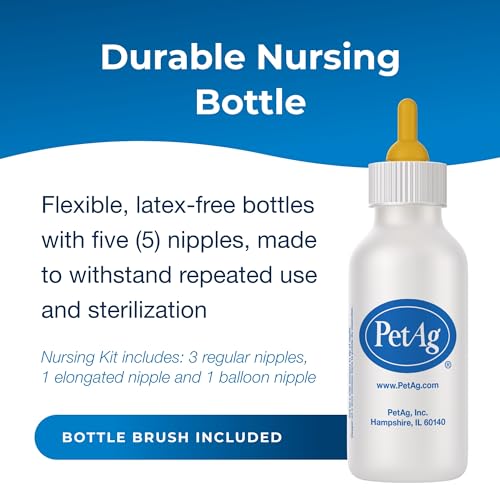 Pet-Ag Nursing Kit - 2 oz - Promotes the Natural Feeding of Liquids to Baby Animals - Each Kit Includes 2 oz. Bottle with Cap, 5 Nipples & Cleaning Brush