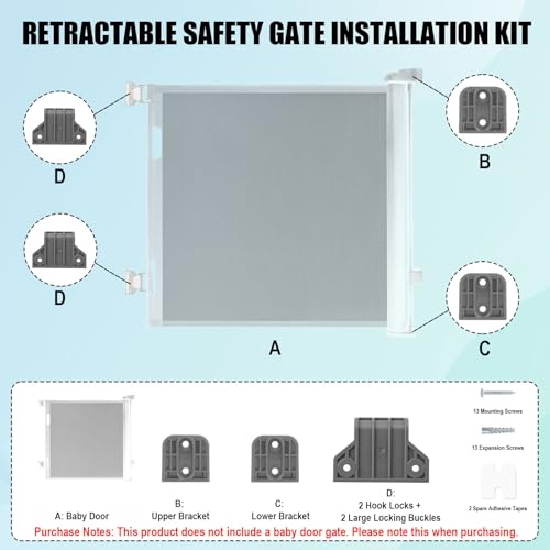 Retractable Baby Gate Replacement Parts Kit (Gray) | Extension Hardware Set with 2 Latches 2 Brackets & Screws for Baby Gate Wall Mounting