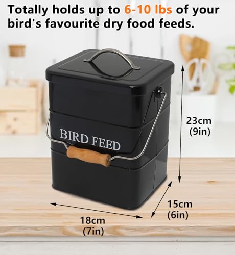Morezi Bird Seed Storage Container Metal, 6 Lbs Airtight Bird Food Tin | Outdor Wild Bird Seed Container Canister w/ Scoop/Wooden Handle, Sturdy and Squirrel-proof, Keep Sunflower Seed Fresh-Black - color: Black