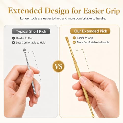 Hion 6 Pcs Extended Ear Wax Removal Kit,Professional Double-Headed Ear Pick Earwax Removal Tools,316L Stainless Steel Ear Cleaner Curette with Cleaning Brush and Storage Box,Suit for Kid Adult(Gold) - color: Gold