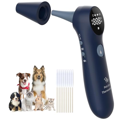 Pet Ear Thermometer for Dogs, Cats, and Livestock, Long Probe Designed, ℃/ ℉ Convert and Sound Switch Dedicated Button, 1 Second Measurement, 20 pcs Pet Swabs Included(Blue) - color: Blue
