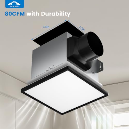 Tech Drive Bathroom Fan with Light And Night Light,80 CFM,4 Inch Duct | 1000lm Dimmable 5CCT LED Light, HVI and Energy Star Certified, Decorative Black Trim, Easy to Install - size: 80CFM with 3CCT Light (Black)