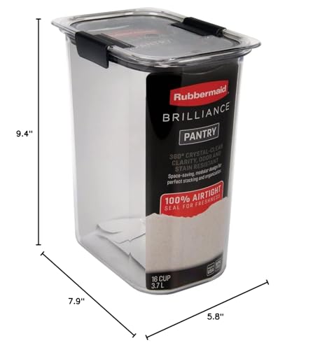 Rubbermaid Brilliance 16-Cup Airtight Food Storage Container with Lid Clear/Grey - optimal for pantry organization flour sugar and food storage - size: 16 Cup