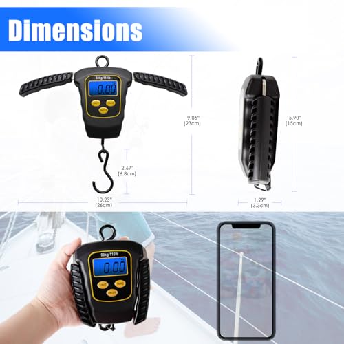 Fish Scale 110lbs/50kg Waterproof Hanging Fishing Portable Weight Scale | Strong Hook Scale, Back-lit LCD Display, Digital Spring Balance, Folding Handles, Luggage Weighing, Fishing Gift for Men
