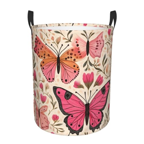Laundry Basket Colored Pink Butterflies Collapsible Large Capacity,Dirty Clothes Basket Durable Lightweight Hamper With Handles Ideal For Clothes,Toys Home Organization size19.6iN *15.7in,63L - color: butterflies