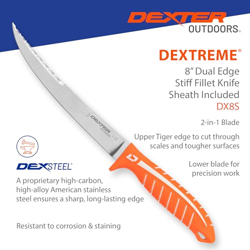 Dexter Outdoors Dextreme Dual Edge 8" Stiff Fillet Knife with Sheath | Stiff dual edge high-carbon stainless blade for firm control on big fillets. Protective sheath included for transport. - style: 8" Dual Edge Stiff