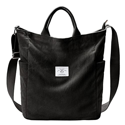KALIDI Corduroy Tote Bag, Large Slouchy Hobo Messenger Crossbody Bag | Anti Splash Zipper Side Pockets Shoulder Bag Adjustable Strap Lightweight Casual Work Shopping Women - color: Black