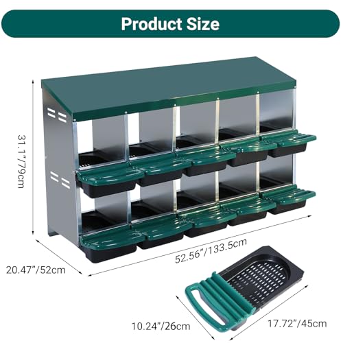 Chicken Nesting Box, 10 Hole 2 Layer Hen Nest Boxes, Roll Away Eggs Laying Boxes,Cleanable Pull Out Hen Roosting Boxes - size: Green- 10 compartment