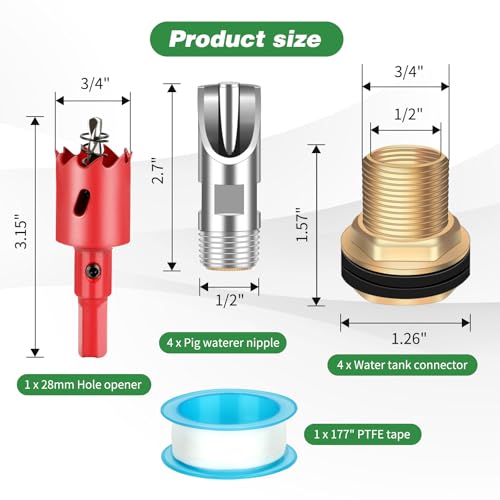 4 Pack Pig Waterer Nipples, Hog Water Nipples for Barrels Kit | Automatic Pig Nipple Waterer Kit,304 Stainless Steel, Touch-Activated Flow, PTFE Tape and 28 mm Hole Opener, Pigs and Goats