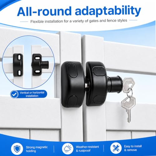 Magnetic Gate Latch, Lockable Side Pull for Wood Vinyl Metal Gates for Home, Yard & Garden Fences（Black）