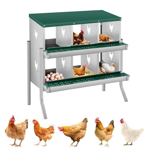 6 Compartment Chicken Nest, Stainless Steel Laying Boxes for Hens with 4 Dummy Eggs and 10 Dampproof Pets Mats, Wall Mounted or Free Standing Chicken Boxes, Roll Out Design, Green, with Stand Style