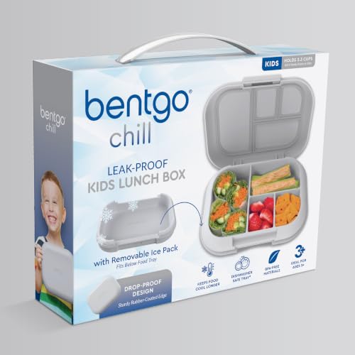 Bentgo Chill Kids 4-Compartment Bento Box Leakproof Lunch Box | Built-In Ice Pack, 3.3 Cup Capacity, BPA-Free, Microwave & Dishwasher Safe Tray, Ideal for Ages 3–7 (Gray) - color: Gray