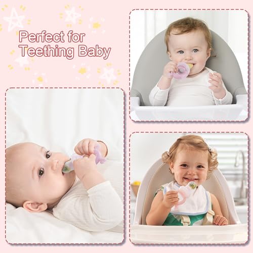 Breastmilk Popsicle Molds & Baby Fruit Feeder Teether (2 Set) | Teething Gum Relief, Freezer Tray with Lid, for Pureed Vegetables, BPA Free Silicone, Safe Self-feeding, Easy Fill, 4 Month+ - color: Pink / Purple