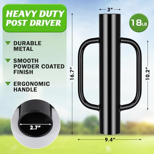 Gtongoko 18LB T Post Driver with Handles Heavy Duty Fence Post Driver Post Pounder for T-Posts，U Channel，Metal Post and Sign Post Pole Driver Tool,17 Inch Black - color: Black, size: 18LB