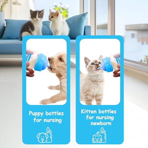 Pet Bottle Feeding Kit, Puppy & Kitten Nursing Supplies, Blue, 60ml Bottle with Anti-Choking Silicone Nipples & Syringes, Newborn Flow, Dishwasher Safe - color: Blue