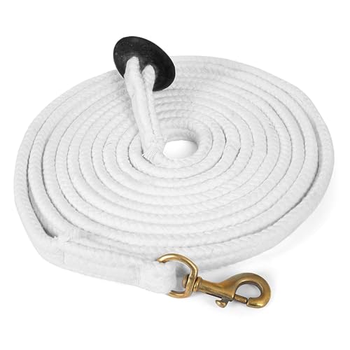 Jeffers Equine 25' Braided Cotton Lunge Line – Soft & Durable Training Rope with Heavy Duty Swivel Snap & Rubber Stop for Secure Grip – Ideal for Travel, Lunging & Horse Training – White