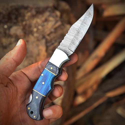 Poshland Steelware Custom Damascus Steel Folding Pocket Knife – Handmade, Compact for Outdoor, Camping, Hiking and Hunting (Blue Pakka Wood) - color: Blue Pakka Wood
