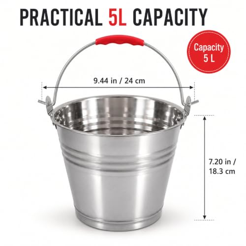 Healeved 5L Stainless Steel Bucket with Handle 9.4-Inch Round Pail | Red Grip Handle, For Ice Chilling, Beverage Service, Kitchen Carrying and Outdoor Utility Use