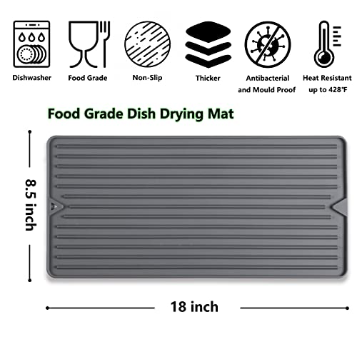 Silicone Dish Drying Mat, 18 x 8.5 Inches Grey | Elegant Design for Kitchen Counter, Multipurpose Durable Food Grade Silicone, Non-slip, Quick Water Releasing - size: 8.5" x 18"