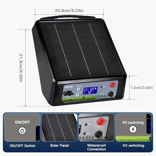 20 Miles Solar Electric Fence Charger Kit, 0.3-2.0J Adjustable, LED | 6KV/8KV/10KV/12KV, 6W 18Ah Rechargeable Solar Panel, 24H Uninterrupted Protection, Day/Night Mode, Portable, IP55 Waterproof - color: Black-Gray