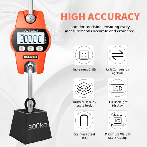 Hanging Scale 660lb/300kg - High-Accuracy Crane Scale with Aluminum Frame and LCD Display. Functions as Fishing Scale and Luggage Scale. for Farm, Hunting, Fitness, and Travel Weighing
