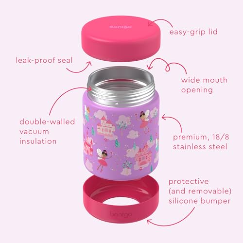 Bentgo Kids Stainless Steel Leak-Proof Food Jar for Hot or Cold Food | 11 fl oz Double Insulated Container with Removable Silicone Bumper, Dishwasher Safe, Easy Open Lid, Ages 3+ (Fairies) - color: Fairies
