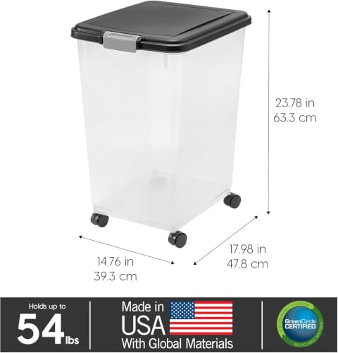 IRIS USA Dog Food Storage Container, Up to 54 lbs, Black, Made in USA | Wheels for Mobility, Airtight Seal, BPA-Free, Best for Bird Seed, Cat food, Cat Litter, Chicken Feed, Pellets, Flour, Rice - color: Black, size: 54 lbs