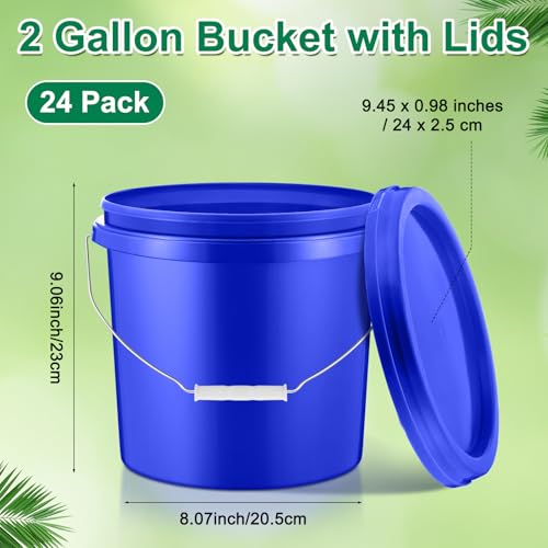 Tioncy 24 Pcs 2 Gallon Plastic Buckets with Lids and Handles,Blue | Storage Pails for Paint, Cleaning, Organizing, Durable Containers, Metal Handles, Plastic Material - color: Blue