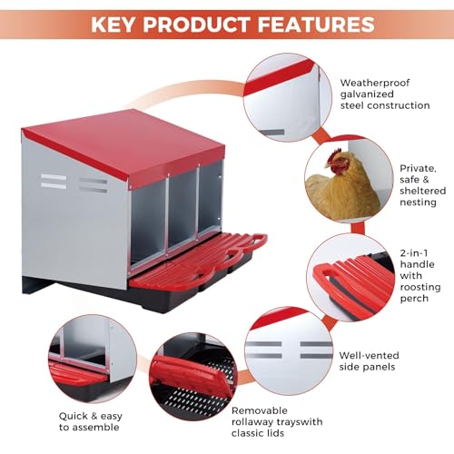 Garvee 3-Hole Roll Away Egg Collection Chicken Nesting Box | Galvanized Steel Nest Box for Laying Eggs - color: Red, size: 3 holes