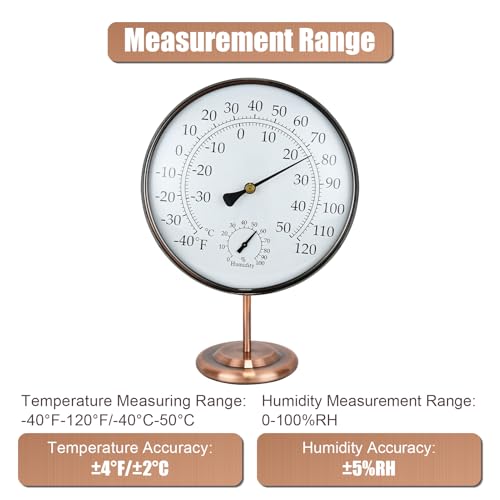 6 in Solid Brass Analog Outdoor Thermometer Hygrometer | Detachable Stand, No Battery Needed, Weather Rust Waterproof, Dual ℉/℃ Dial, For Home Office Patio Indoor Outdoor Decor - size: 6 inches