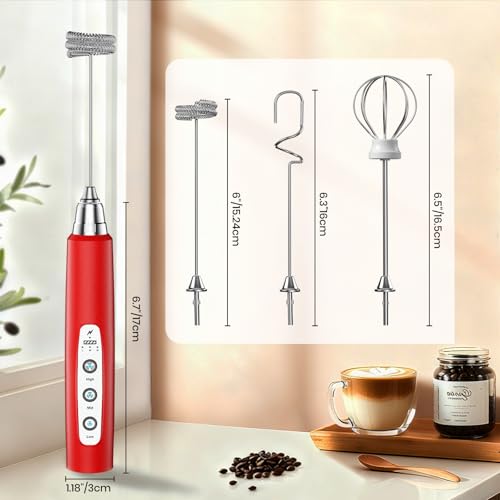 Colarlemo Milk Frother Handheld Rechargeable, Frother Wand Drink Mixer Electric Whisk for Coffee, Detachable With 3 Stainless Whisks, Hand Mixer for Lattes, Cappuccino, Matcha, Egg, No Stand, Red - color: Red, style: without stand