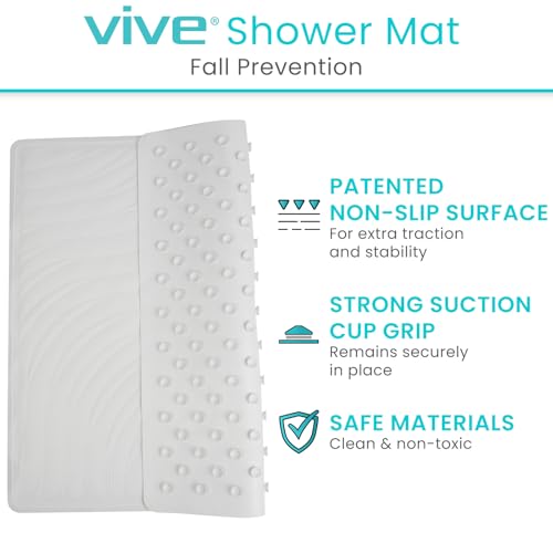 Vive Shower Mat - 22" by 22" Square Non Slip Large Bath Mat for Bathtub - Patented Design - Suction Cup Traction Skid Pad for Stalls Floors Tub - Textured Rubber with Drain Hole - color: Pearl White