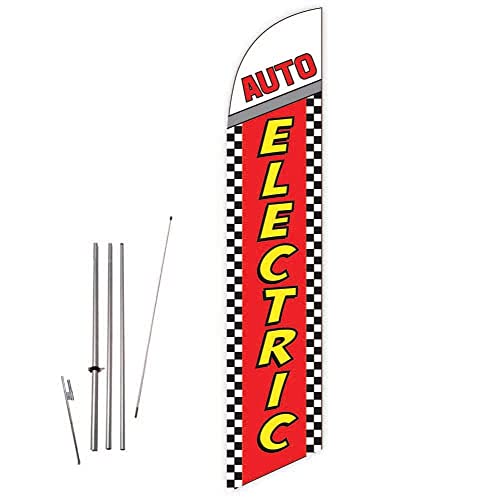 GLOBAL ADVERTISING SOLUTIONS Auto Repair Feather Flag Eye Catching Banner Sign for Business and Marketing Complete Set with 15 ft Pole Kit and Ground Spike (Auto Electric) - style: Auto Electric
