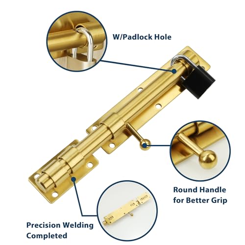 Alise 10 inch Barrel Bolt Latch,Heavy Duty Slide Lock for Barn Door | Gold SUS304 Stainless Steel Padlock-Style Slide Bolt Latch,Security Gate Latch for Wooden Fence,Interior or Outdoor Door - color: Gold, size: 10 Inch