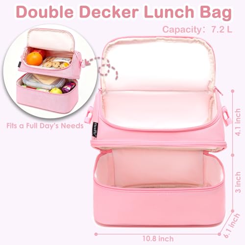 FlowFly Double Decker Cooler Insulated Lunch Bag Large Tote for Boys, Girls, Men, Women, With Adjustable Strap,Pink - color: Pink#All