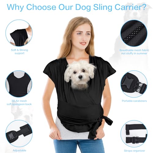 Dog Sling Carrier for Small Dogs, Front Handsfree Cat Sling Carrier Adjustable Size Anti-Anxiety Pet Sling, Breathable Mesh Cloth Reducing Back Pain Suitable for 0-15 Pound Puppies (Black)